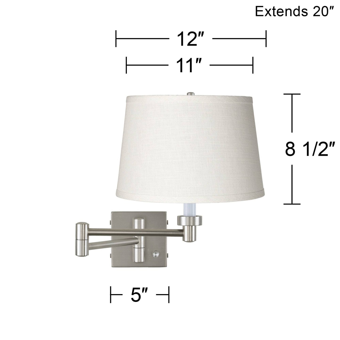 Possini Euro Design Modern Swing Arm Wall Lamp with Cord Cover Brushed Nickel Plug-in Light Fixture White Linen Tapered Drum Shade for Bedroom Bedside
