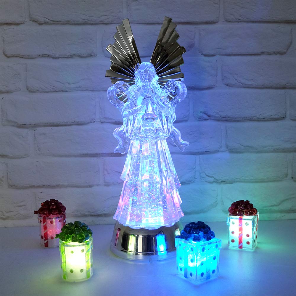 DRomance 14" Angel Snow Globe Lantern Battery Operated with 6 Hour Timer Color Changing LED Light Trumpet Angel Swirling Glitter Water Lamp