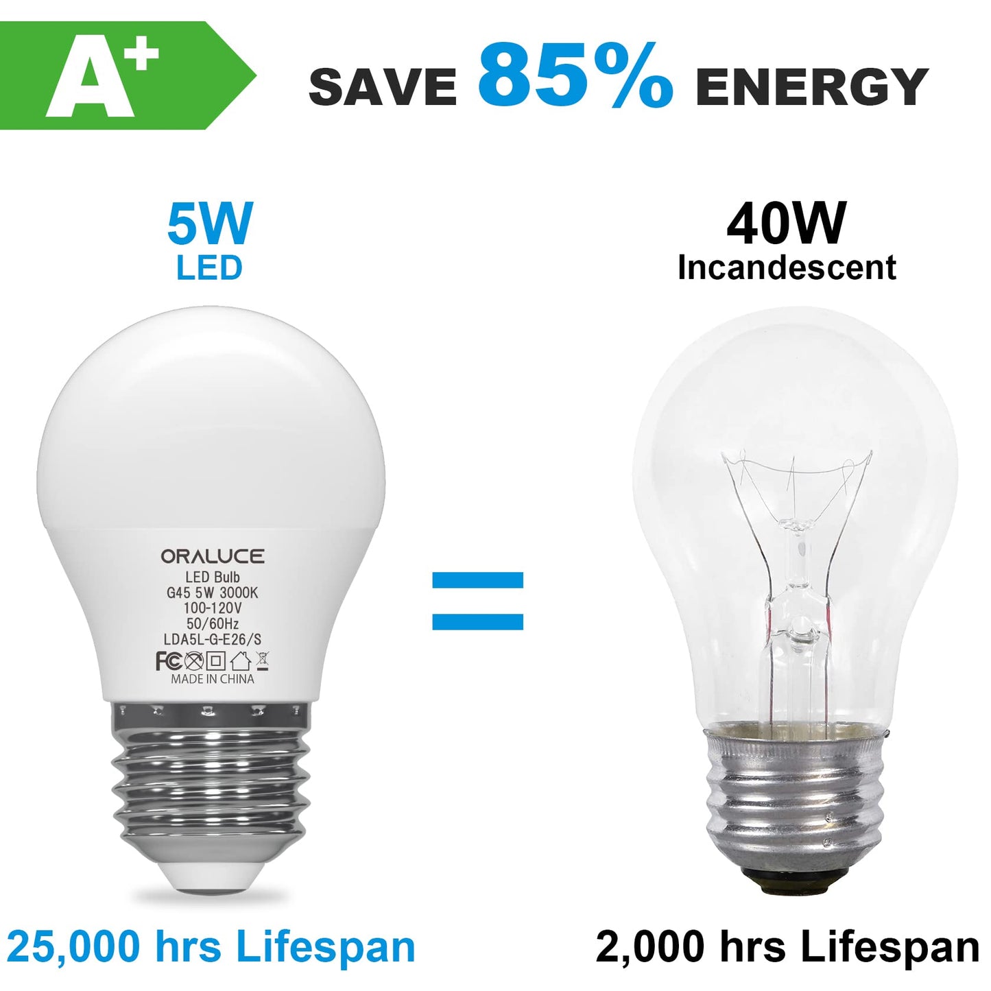 ORALUCE A15 LED Bulb 5 Watts Warm White 3000K,40W Equivalent Table Lamp Bulb, E26 Standard Screw Base G45 Shape Small Light Bulbs for House