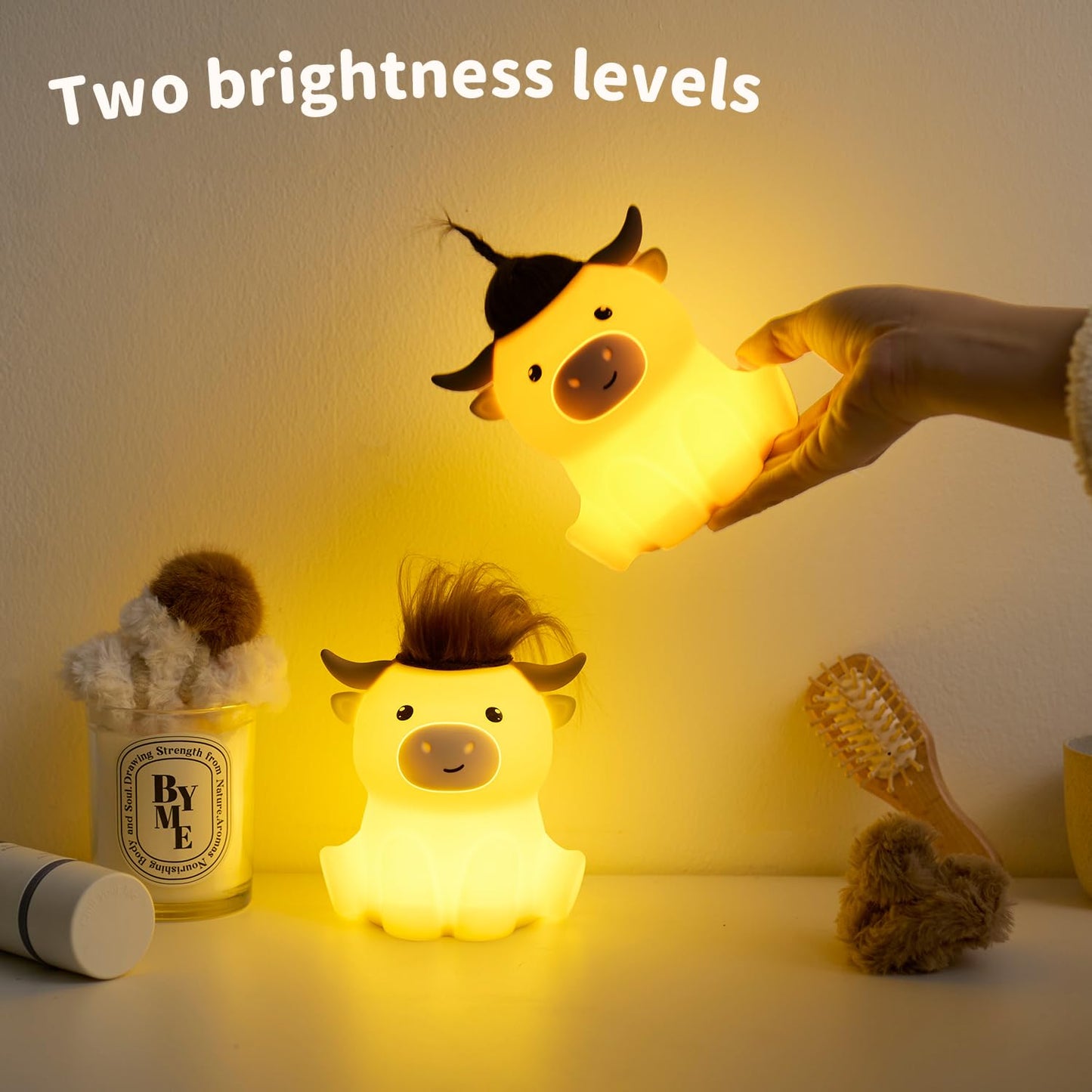 Bestfaith Cute Highland Cow Night Light, LED Squishy Night Lamp, 2 Levels Dimmable Timer Nursery Nightlight for Kids, Rechargeable Touch Lamp, Dorm