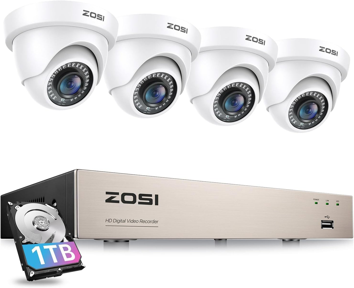 ZOSI 3K Lite Security Camera System with 1TB Hard Drive,AI Human/Vehicle Detection,Night Vision,H.265+ 8Channel HD TVI DVR Recorder,4pcs 1080P HD