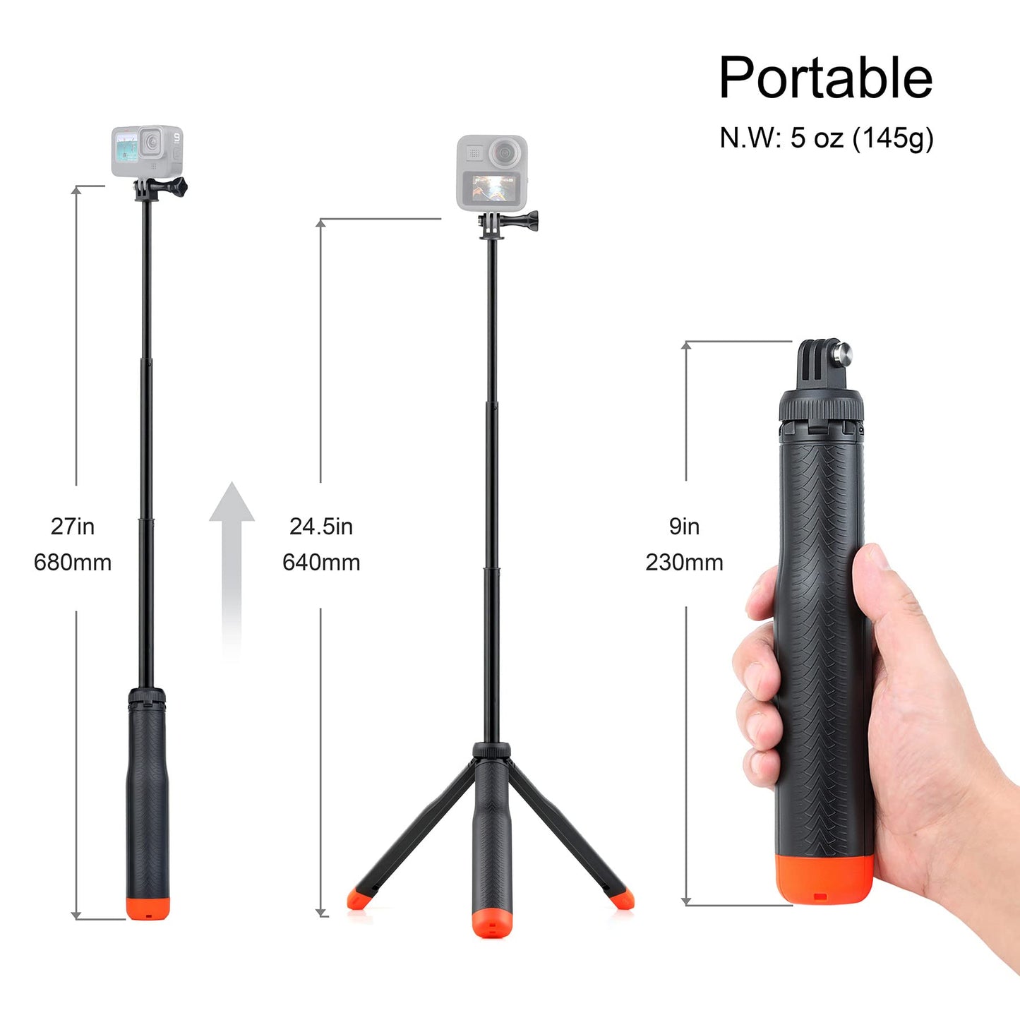 Multi-use Handheld, extendable Selfie monopod, Portable Tripod, and Floating Device for GoPro Hero 3, 3+, 4,5,6,7,8, 9, 10, 11, 12, 13 Session, 2018