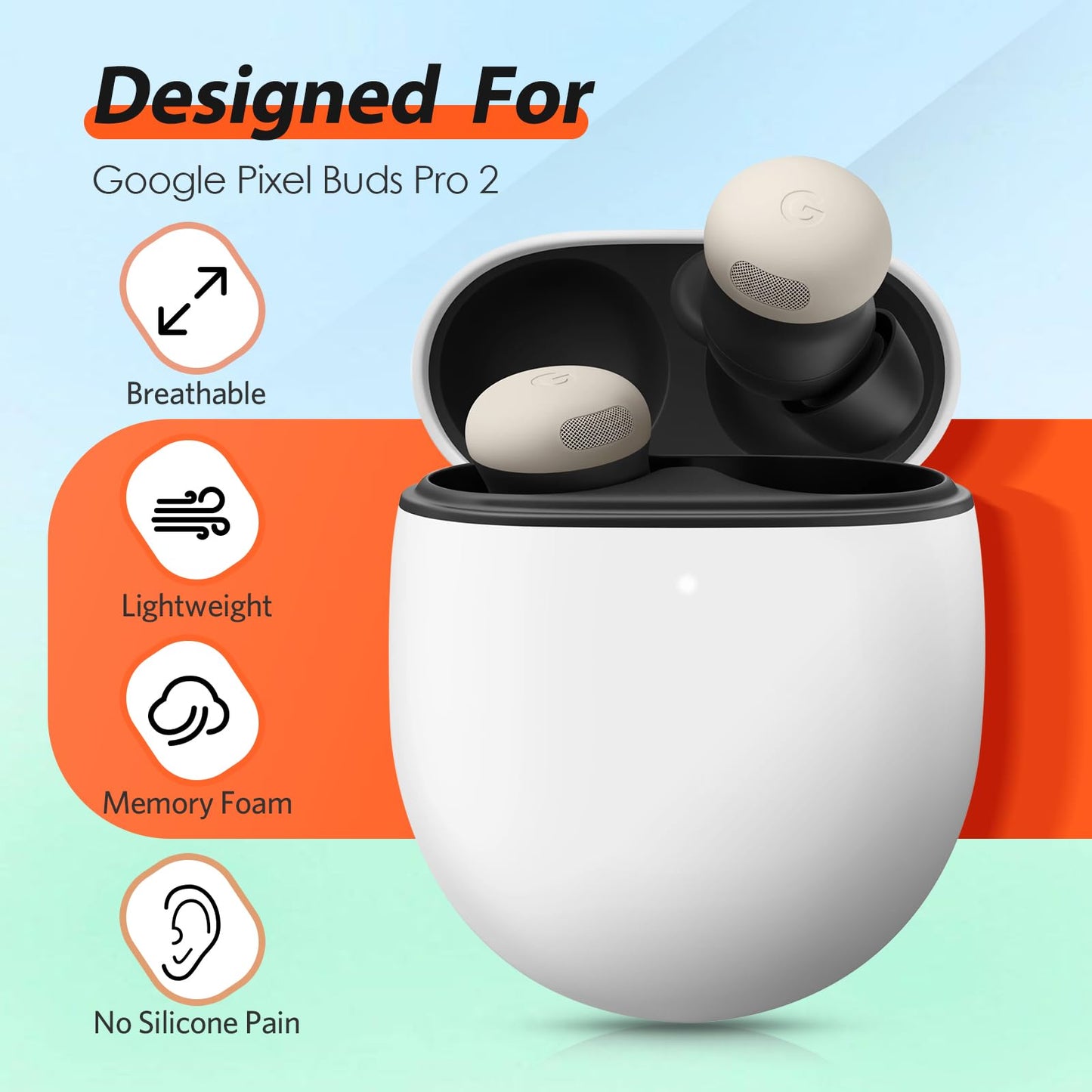 Memory Foam Tips for New Google Pixel Buds Pro 2 / Pixel Buds 2a, No Silicone Eartips Pain, Anti-Slip Replacement Ear Tips, Fit in the Charging Case