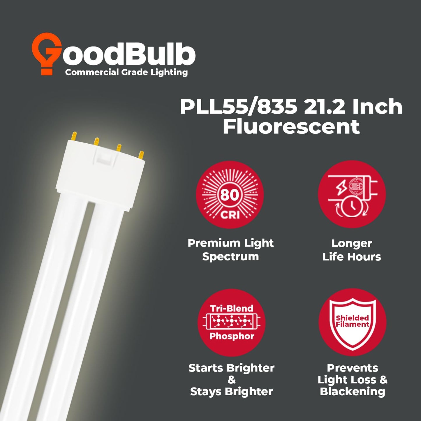 GoodBulb PLL55/835 55W 21.2" Twin Tube Compact Fluorescent Light Bulb 4-pin 2G11 Base 3500K Neutral White 3900 Lumen 36000 Hour Long Life Biax Pack