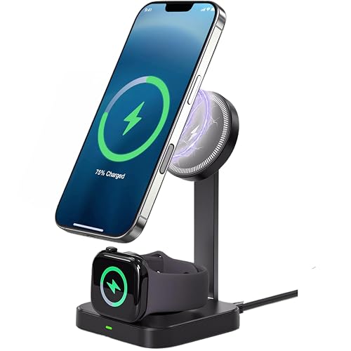 Esoulk 2 in 1 Wireless Charger for iPhone & Watch, 15W Fast Charging for Phone & 5W for Watch, Magnetic Wireless Charger Stand, Compact Foldable