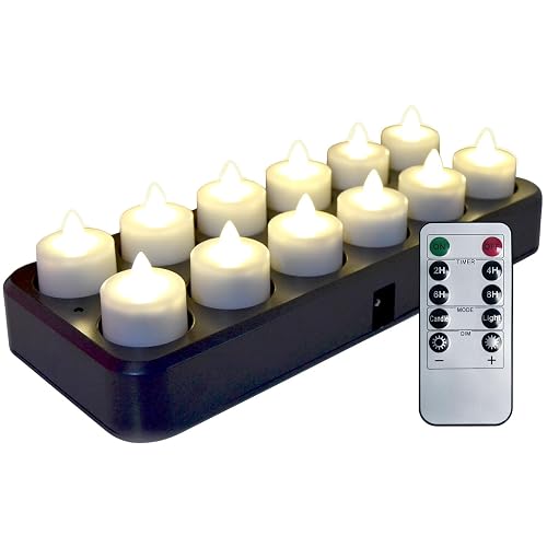 TELOSMA Inductive Rechargeable LED Bright White Tealight Candles Flameless with Timer Remote, Set of 12