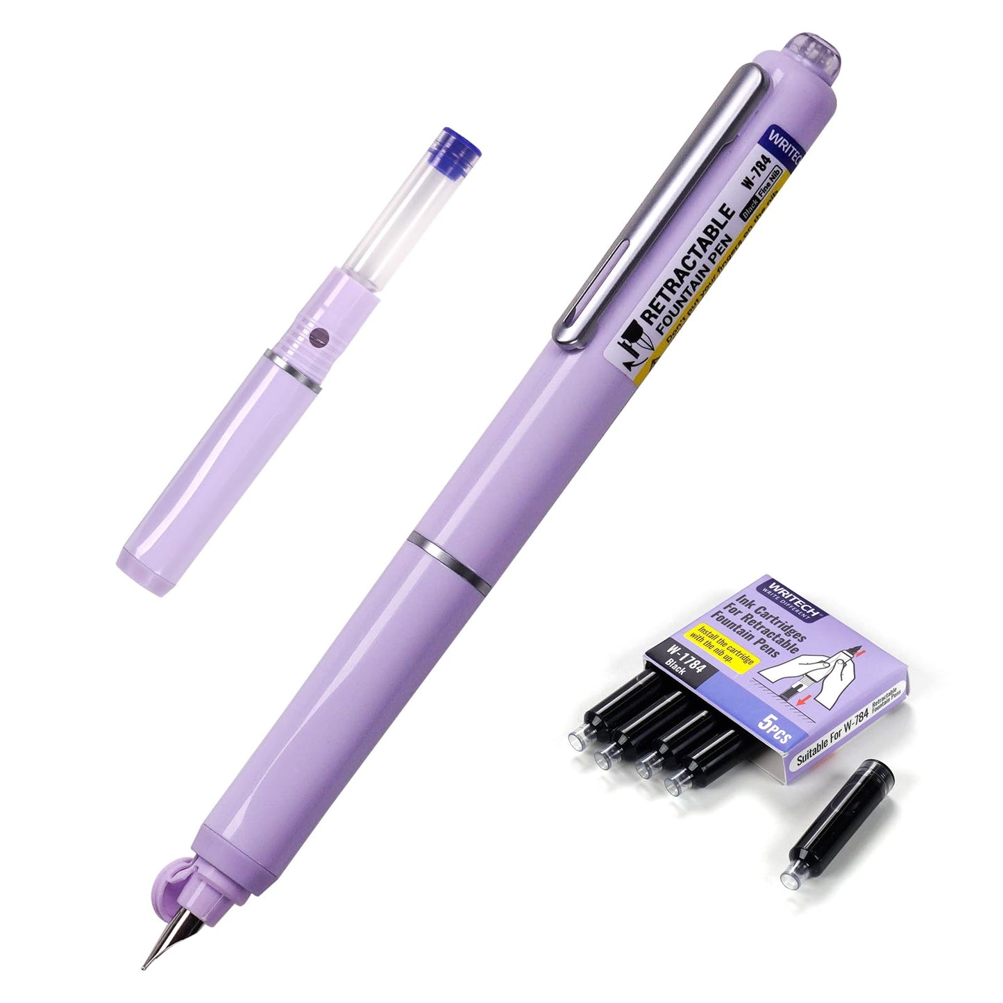 WRITECH Fountain Pen Fine Nib: Retractable Black Ink Pens Set Includes 5 Ink Cartridges Smooth Writing for Calligraphy Sketching Journaling Gift