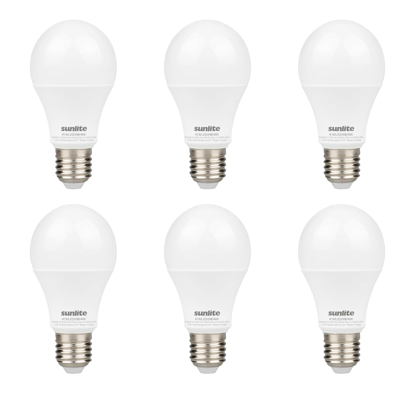 Sunlite LED A19 Light Bulb, 9 Watts (60W Equivalent), 800 Lumens, 120V, Dimmable, Medium E26 Base, 90 CRI, 230 Degree Beam Angle, UL Listed, Title-20