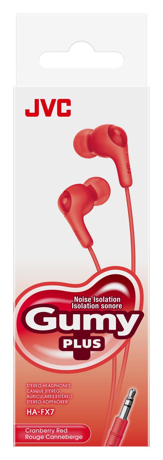 JVC Gumy in Ear Earbud Headphones with Paper Package, Powerful Sound, Comfortable and Secure Fit, Silicone Ear Pieces S/M/L - HAFX7RN (Red)