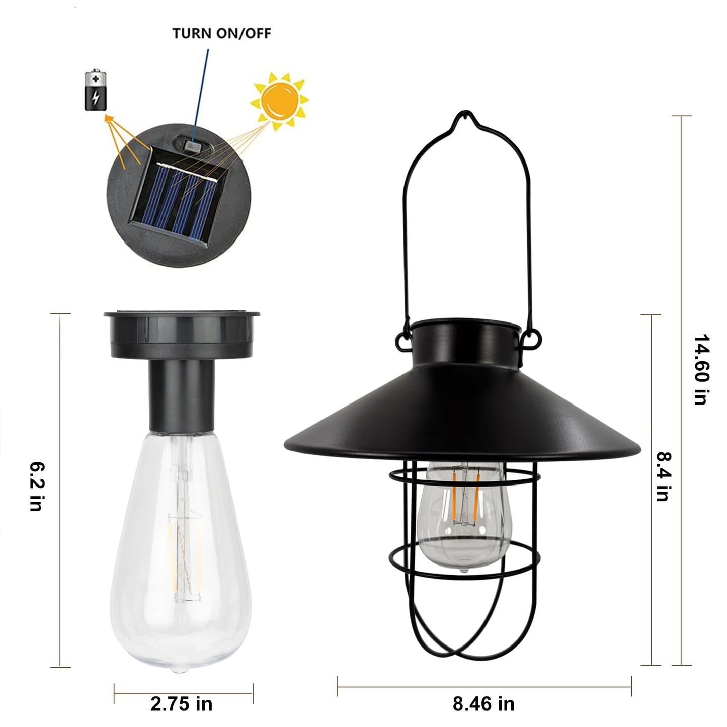 OMRAYTU Hanging Solar Lantern Outdoor, Black Metal Lanterns Warm White Solar Hanging Lights Waterproof Edison Bulb Design for Garden Yard Patio Proch