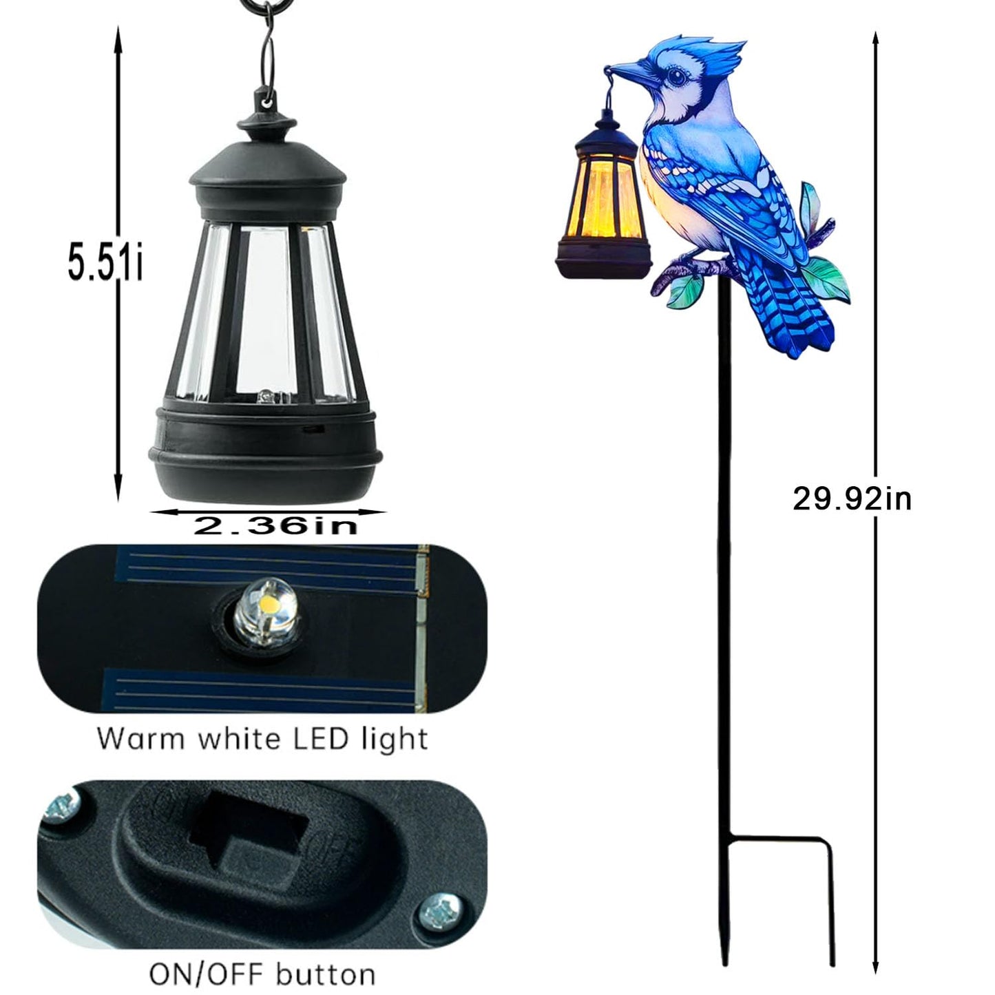 2 Pack Solar Lanterns Outdoor Decor Solar Bule Jay Lanterns Solar Cardinal Redbird Lights Metal Stake Yard Garden Decor Art Figurine Waterproof LED