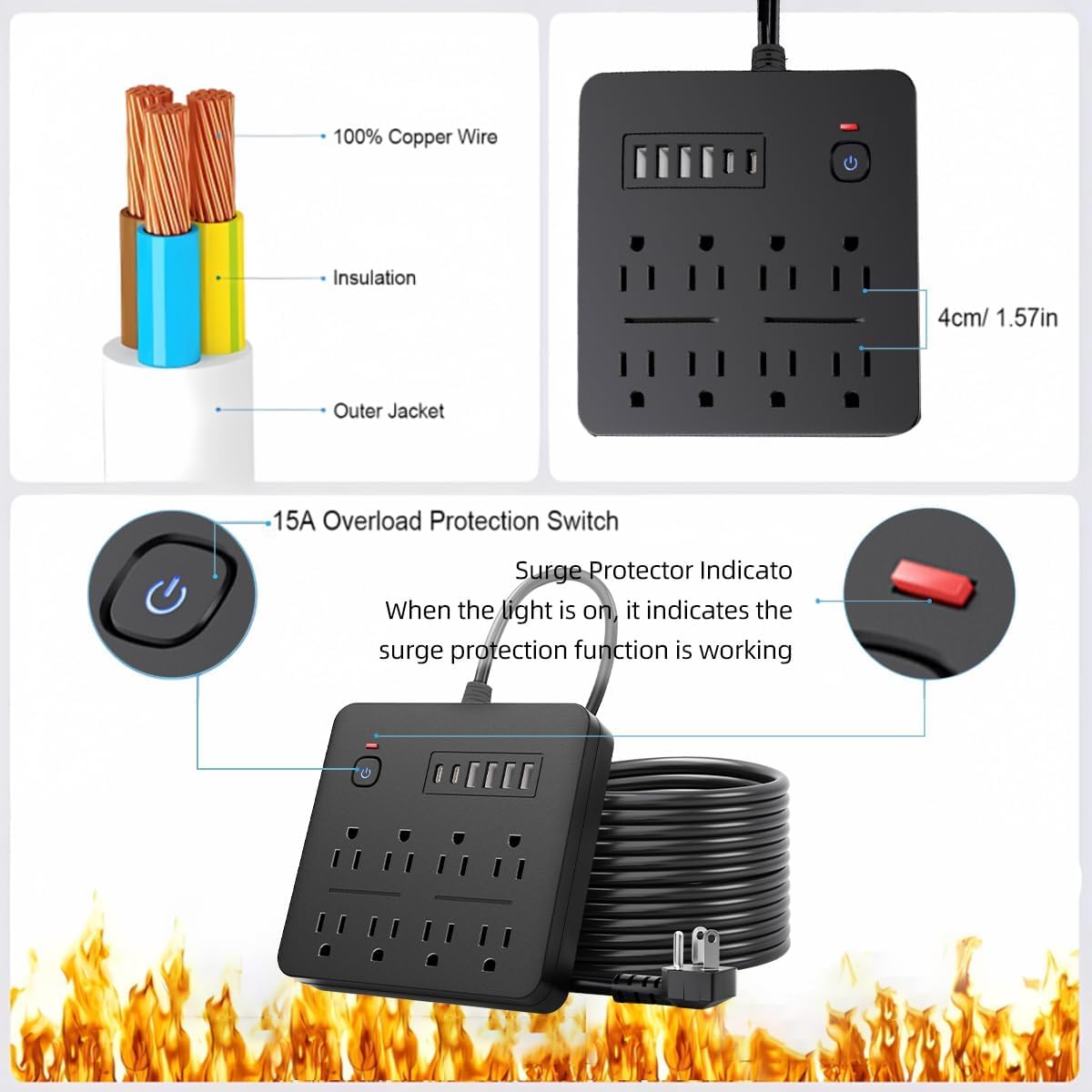 6 FT Flat Plug Surge Protector Power Strip,8 Multiple AC Outlets with 6 USB Ports (2 USB C), 6 Feet Extension Cord, 1250W/10A, One Touch Switch