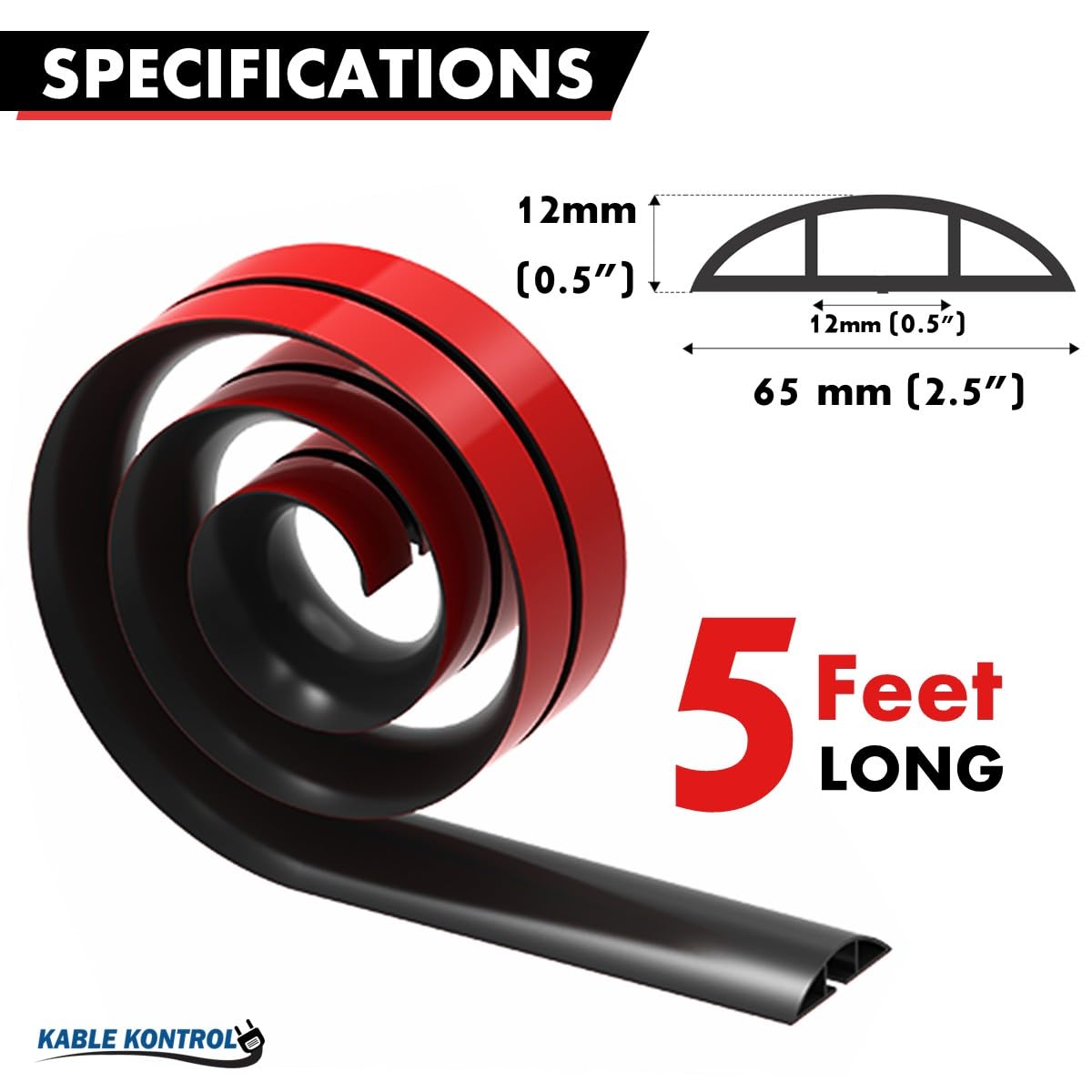 Kable Kontrol Silicone Floor Cord Cover - 5 Ft Flexible Cord Protector, Self Adhesive, for Concealing Extension Cable, Protecting Wires, Prevents