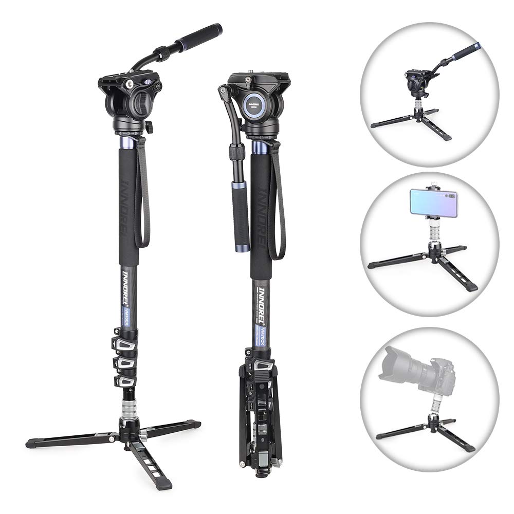 Carbon Fiber Video Monopod Kit-VM70CK Professional Hydraulic Fluid Head Monopod Removeable Multifunctional Travel Tripod Stand for Gopro DSLR Camera