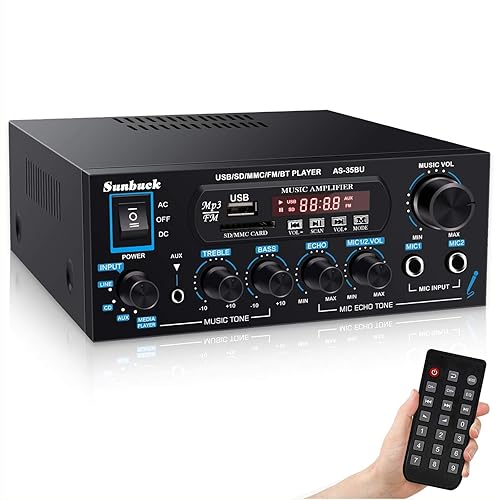 Sunbuck Small Amplifier, 400Wx2 Stereo Receiver for Home Audio, Optical/Coaxial Jacks for TV/CD/DVD/LP/PC, Support 192kHz Audio, Bluetooth Amplifier