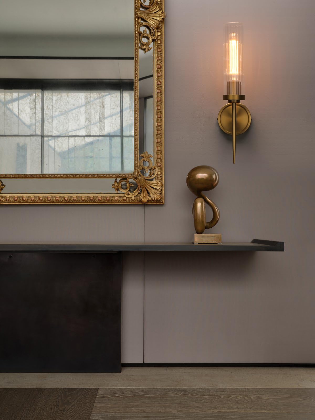Phansthy Bathroom Vanity Light Antique Brass 1-Light Wall Sconce with 2.8 Inches Diameter Cylinder Ribbed Clear Glass Canopy (One-Light)