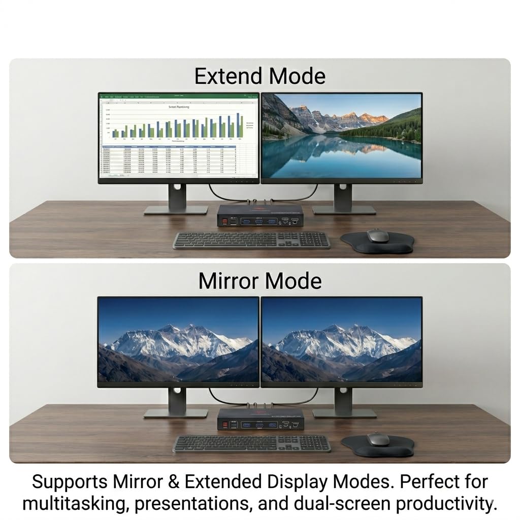 RubiPro HDMI KVM Switch 2 Monitors 2 Computers - Dual Display 8K@60Hz, 4K@120Hz, USB 3.0 Fast Data Transfer, Plug & Play for Windows/Mac/Linux with an