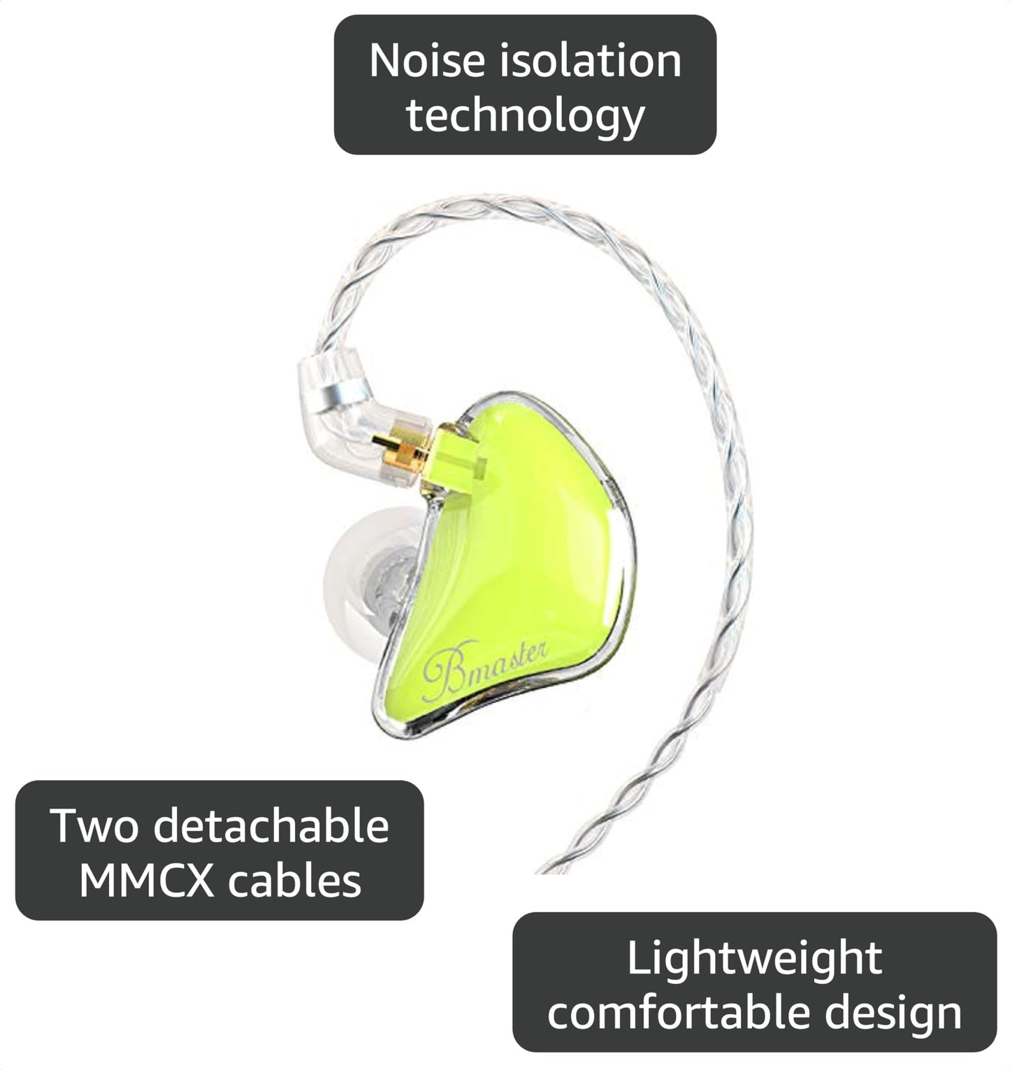 BASN Bmaster Noise Isolating in Ear Monitor Earphones, 1BA+2DD Hybrid Balanced Armature Driver IEM Headphones with Two Detachable MMCX Cables (Yellow)