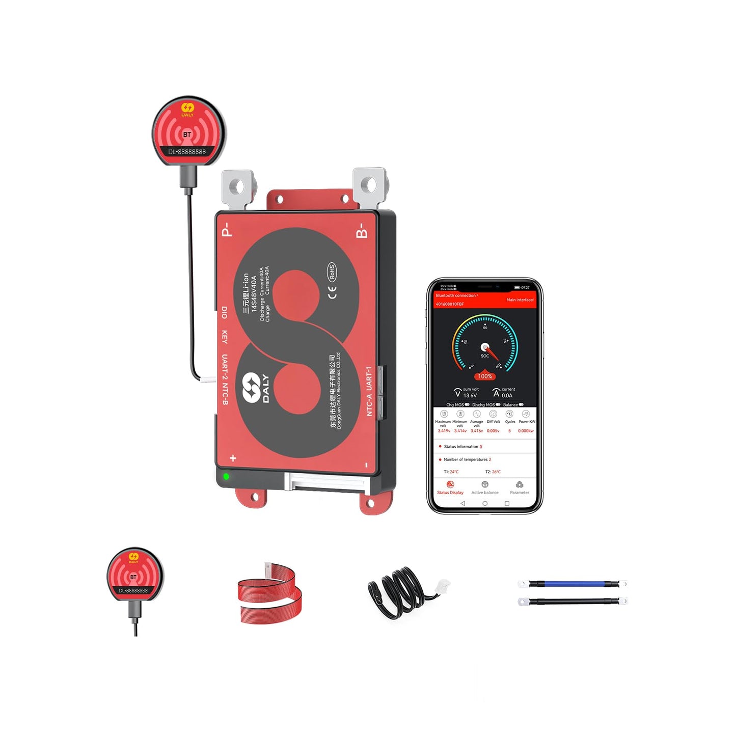 DALY Smart BMS with Bluetooth Module Li-ion 3S-20S 12V-72V 40A-500A Battery Protection Board for Li-ion Battery Pack(Li-ion 14S 48V 40A+BT Module)