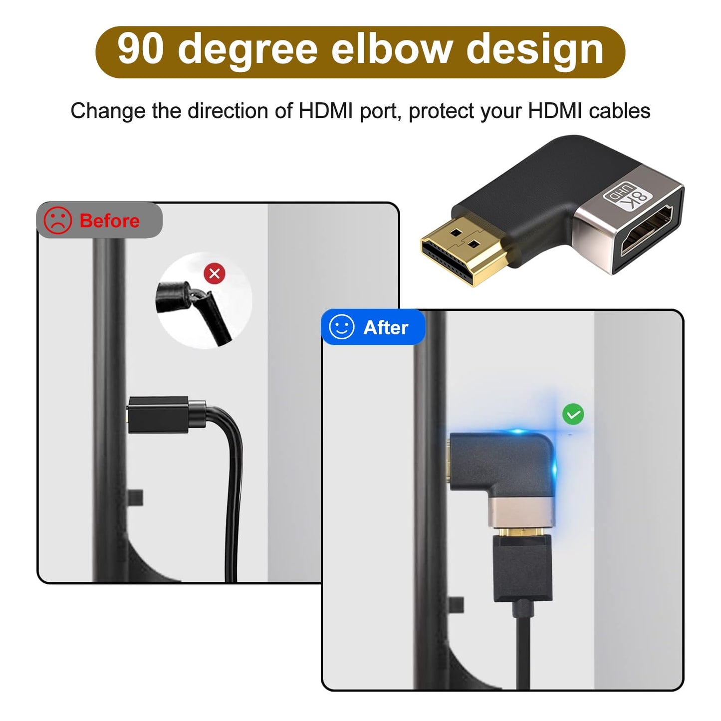 SOMDARHK 2-Pack 8K@60Hz HDMI 90 Degree Adapter, Right Angle L-Shaped HDMI Extender Gold-Plated Connector Male to Female for Monitor Laptop Projector
