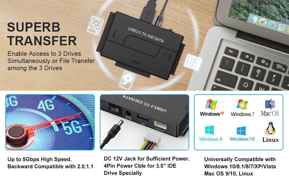 SATA IDE to USB 3.0 Adapter for 2.5/3.5 HDD/SSD Hard Drive Disk, Hard Drive Reader Ultra Recovery Conveter Cable Universal Data Transfer SATA to USB