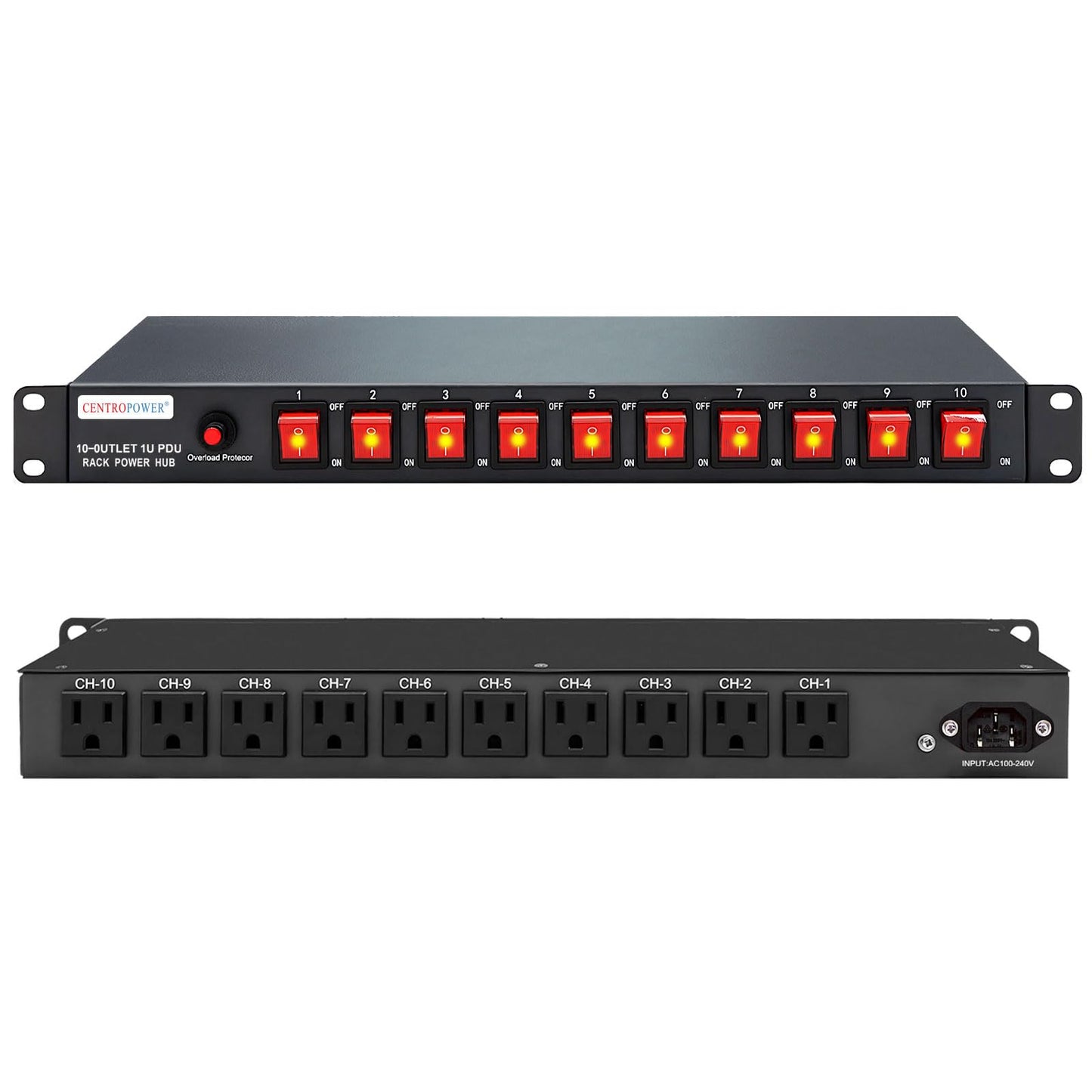 1U PDU Horizontal Rack Mount Power Strip - Surge Protector 10 NEMA 5-15R Outlet 100V-240V/15A 1800 Joules, 10 Independent LED Switches, w/6ft Cord