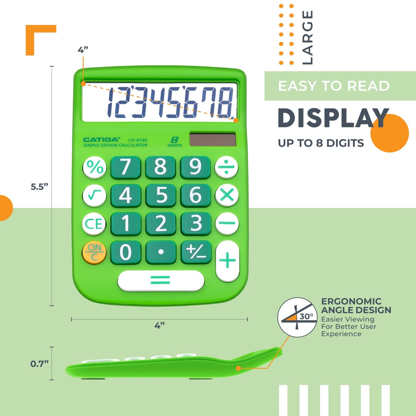 CATIGA Desktop Calculator 8 Digit with Solar Power and Easy to Read LCD Display, Big Buttons, for Home, Office, School, Class and Business, 4 Function