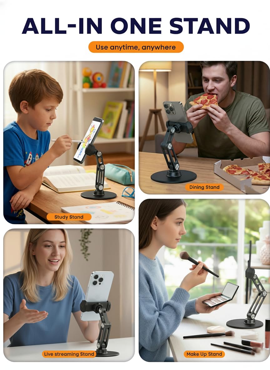 QooWare Phone Stand for Desk - Adjustable Height and Angle Foldable Cell Phone Stand Holder, No Dropping Stable Triple-Clamp Holder, Adjustable