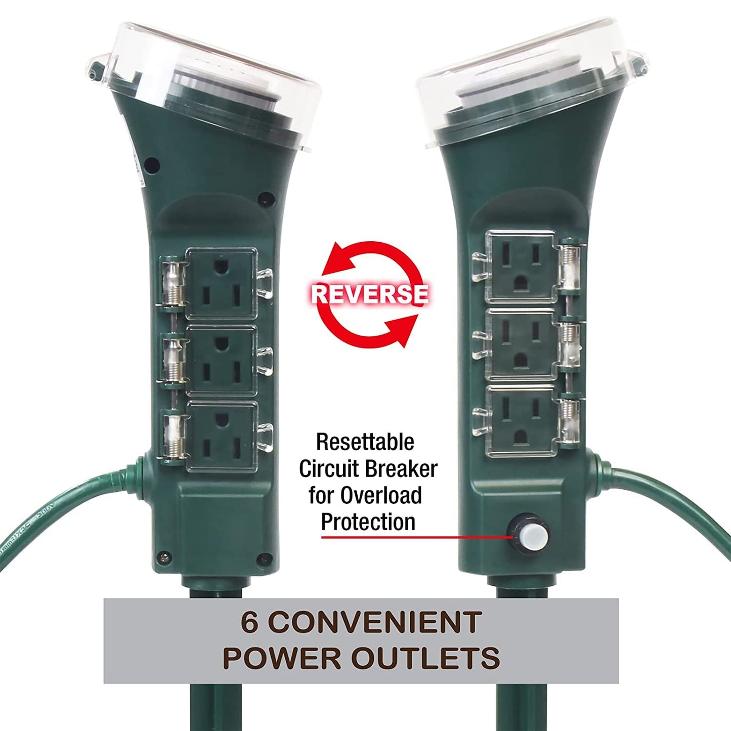 Clear Power Outdoor Power Strip Yard Stake Programmable Mechanical Timer, 6 Grounded Outlets - 6 ft Cord, Weatherproof for Outdoor Lamps Lights Ponds