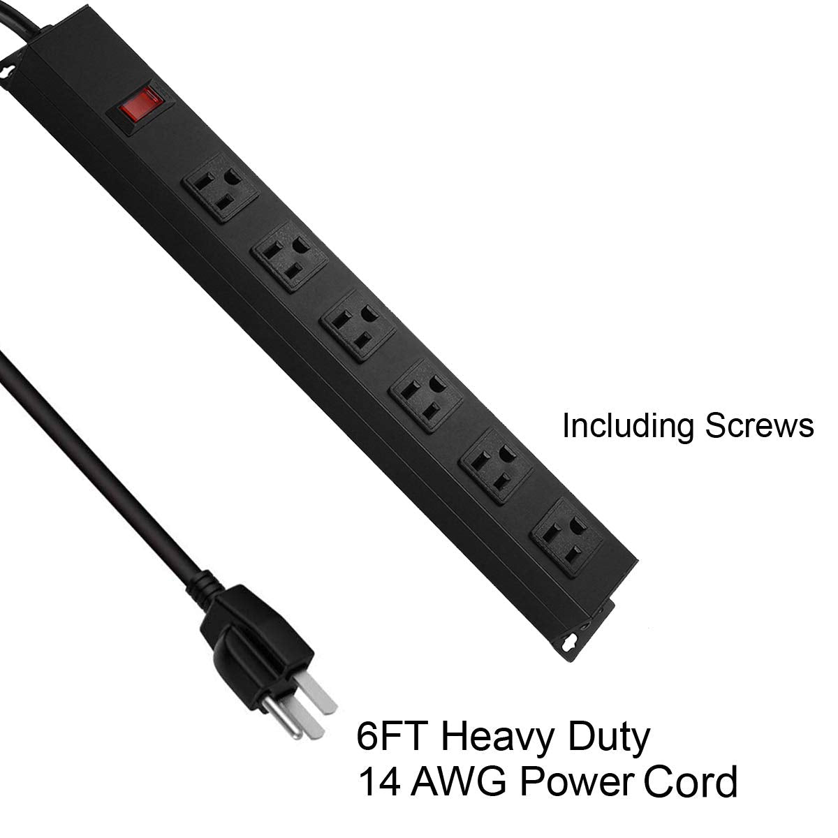 Metal Wall Mount Power Strip, Mountable Power Outlet with 6 AC Outlets, Aluminum Alloy Mount Power Socket with Switch, 6 FT SJT 3/C 14AWG Power Cord
