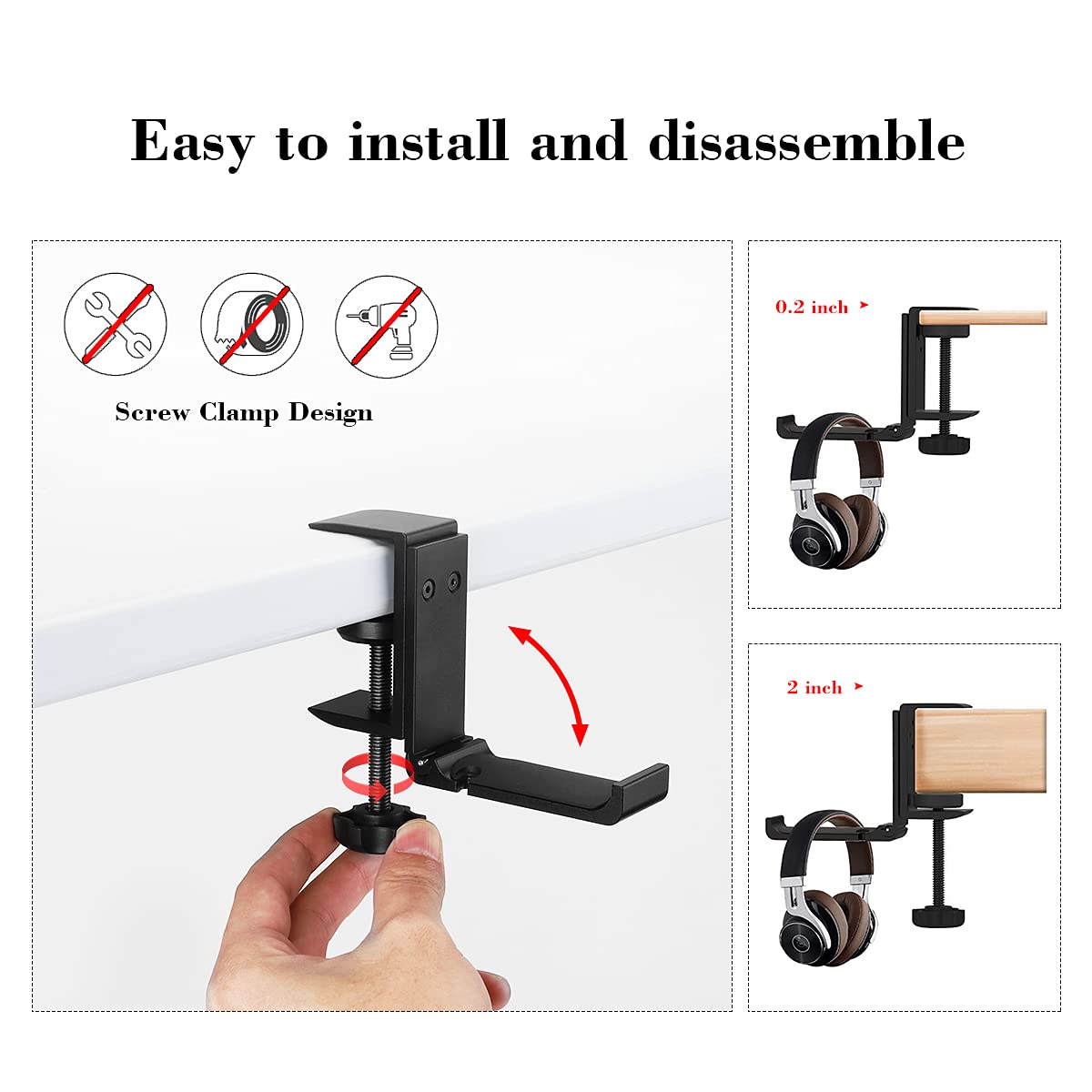 NCHONHONG Headphone Holder Under Desk Hook with Cable Organizer, Foldable Aluminum Headset Mount, Space-Saving Hanger for Most Headphones