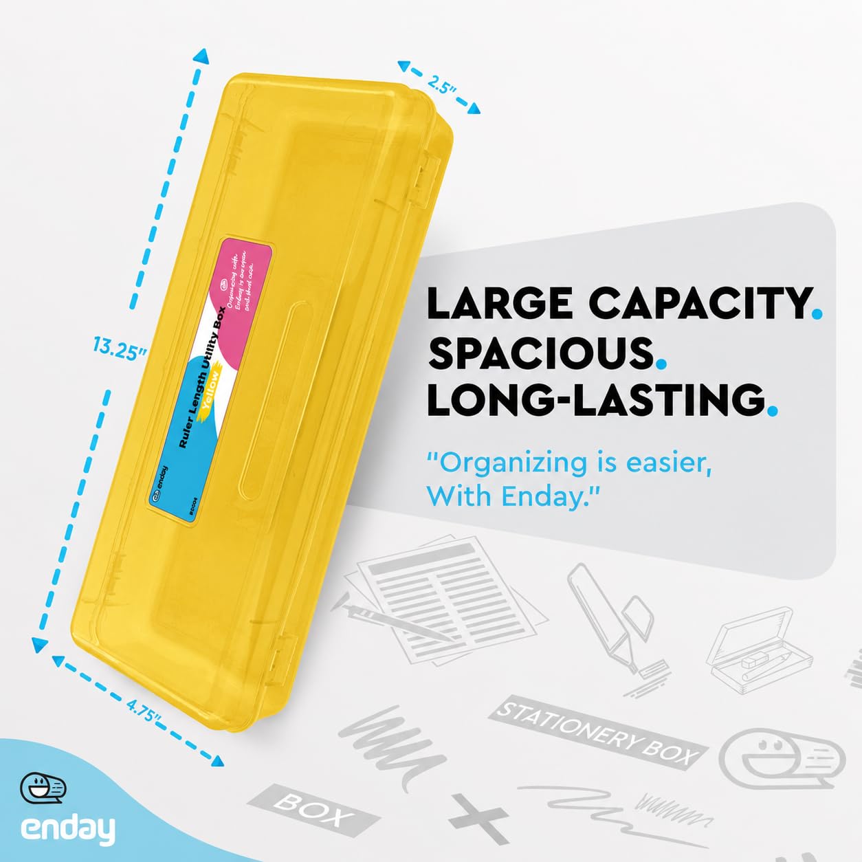 Enday Pencil Box Yellow, Plastic Pencil Case with Snap Lid, Storage Organizer Utility Box, Long Ruler Length School Pencil Box for Kids & Adults