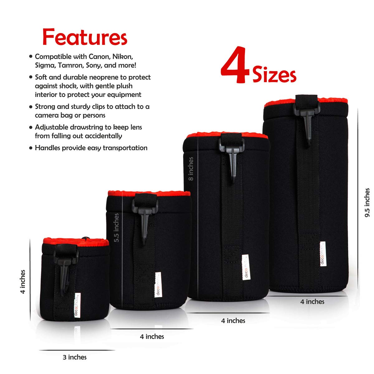 Deco Photo 4 Pack Neoprene Lens Bag Set Protective Water and Weather Resistant Shock Drop and Scratch Armor Pouch Sleeve Case with Plush Interior