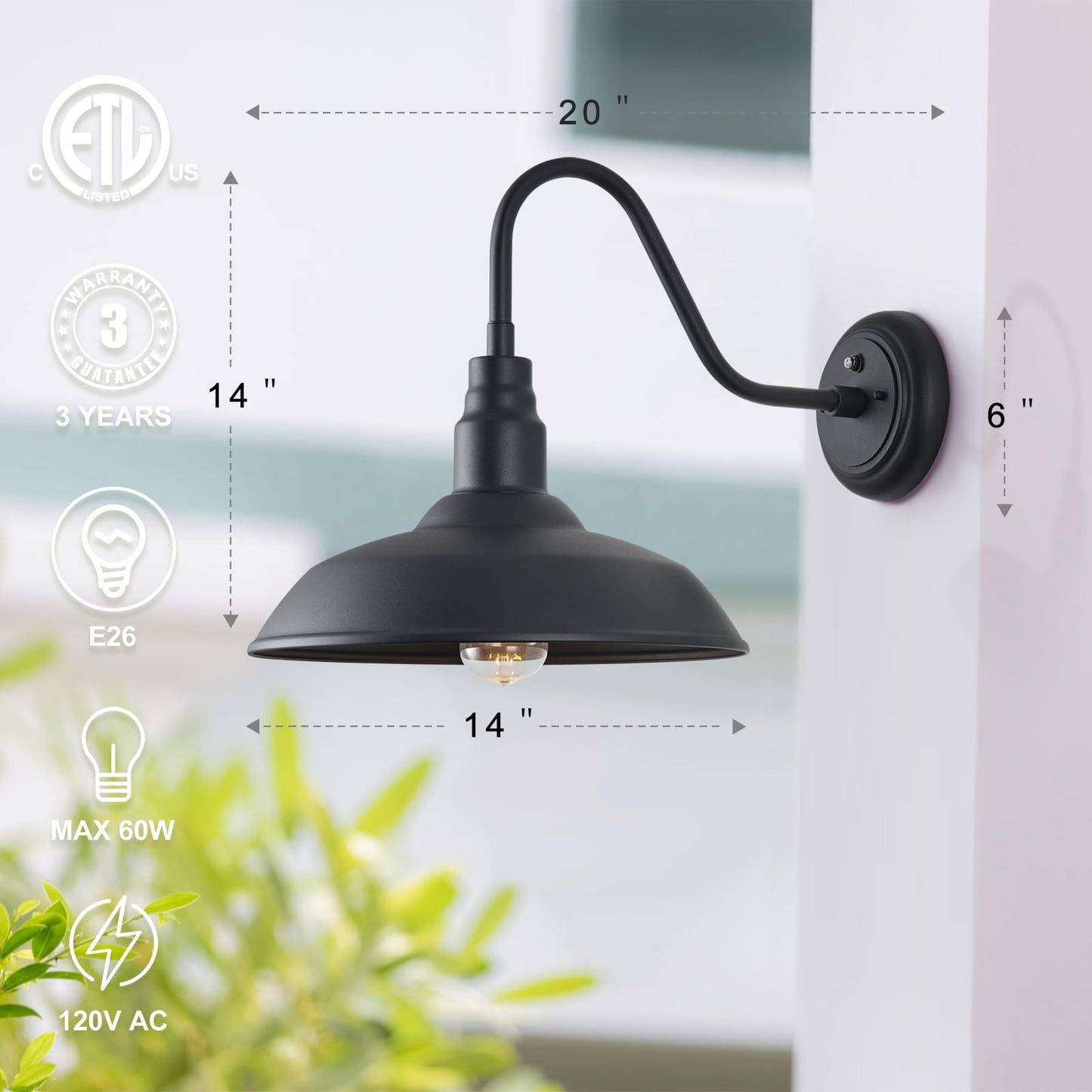 GOALPLUS 14in Large Dome Gooseneck Barn Light Outdoor, Dusk to Dawn Outdoor Barn Lights, Matte Black Farmhouse Exterior Light Fixture, Goose Neck Wall