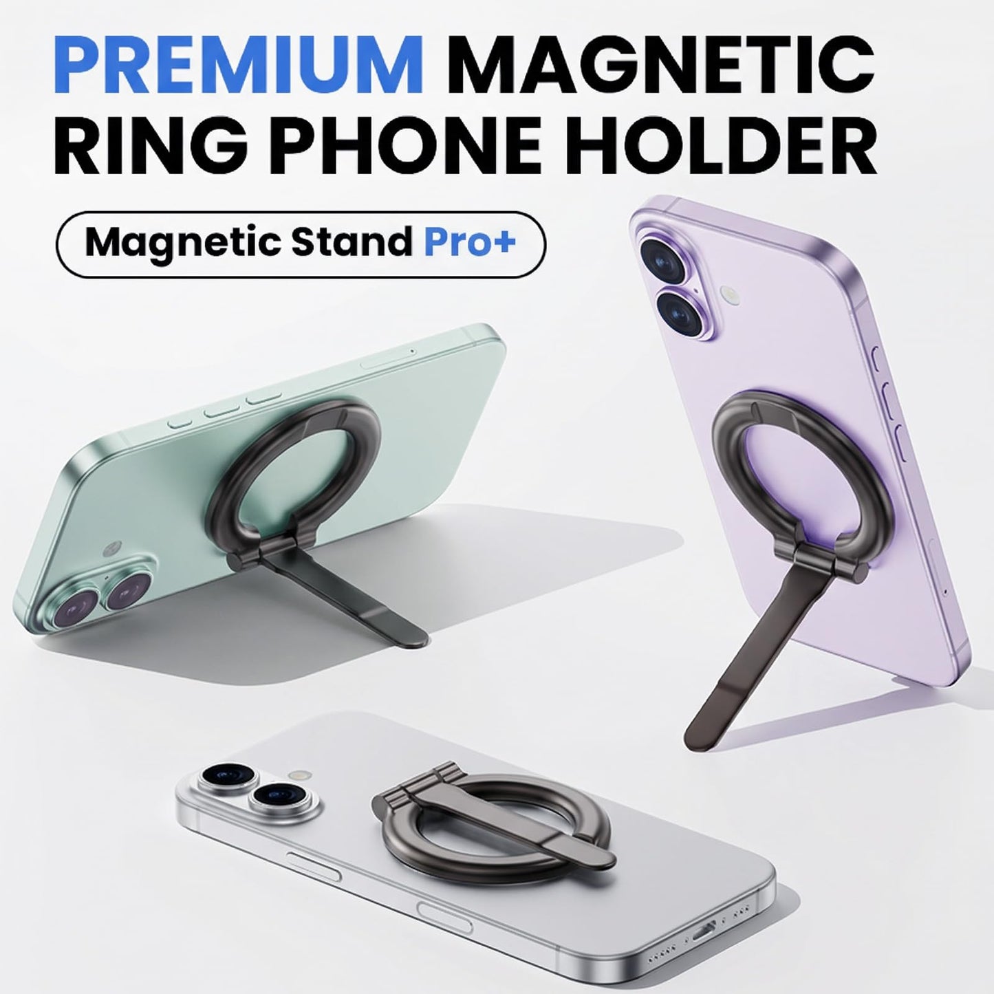 Magnetic Phone Holder for MagSafe, Adjustable Foldable Phone Stand with Strong Magnet, Metal Desk Stand, Belt Clip Magnetic Tool Holder, Shirt Collar