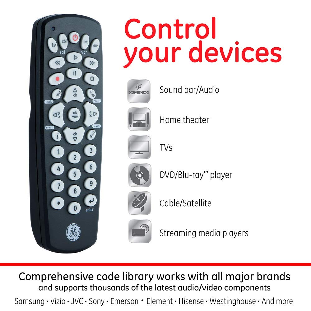 GE Universal Remote Control for Samsung, Vizio, LG, Sony, Sharp, Roku, Apple TV, TCL, Panasonic, Smart TVs, Streaming Players, Blu-ray, DVD, 4-Device