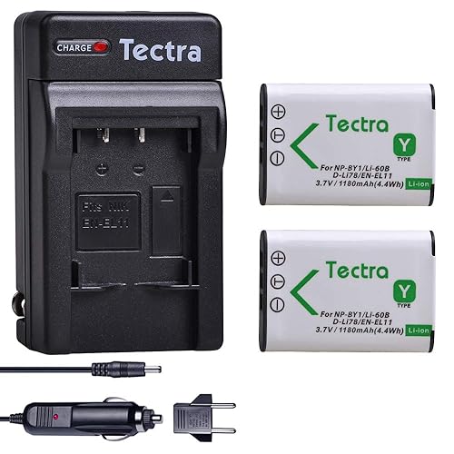 Tectra 2-Pack Battery and Charger Kit for NP-BY1 EN-EL11 LI-60B D-Li78 Compatible with Nikon Coolpix S550 S560 Sony Action Cam Mini HDR-AZ1VR AZ1 AZ1V