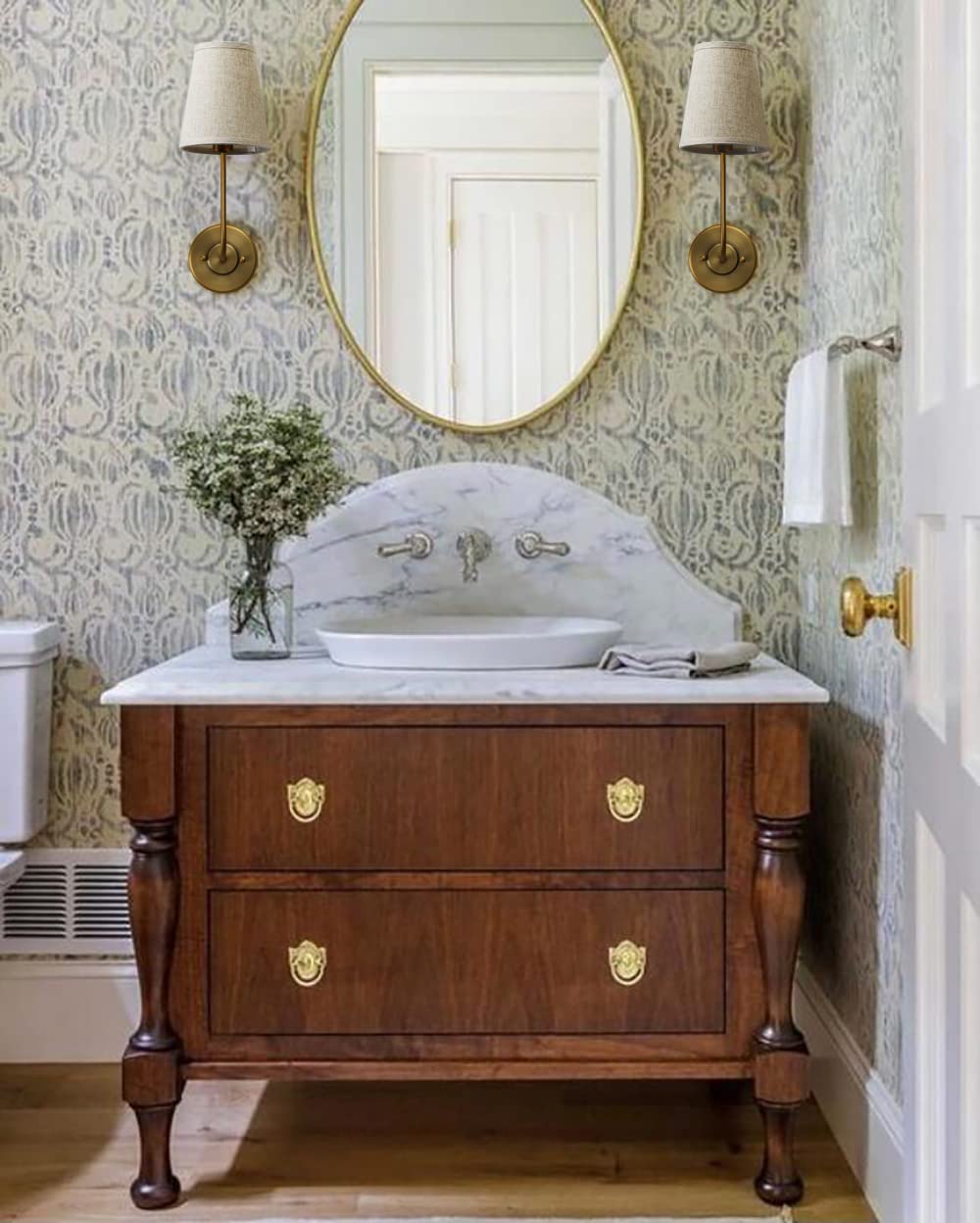 Pathson Set of 2 Vintage Wall Sconces Linen Fabric Shade, Hardwired Bathroom Vanity Lights Brass Finish, Industrial Wall Mounted Fixtures for Bedroom