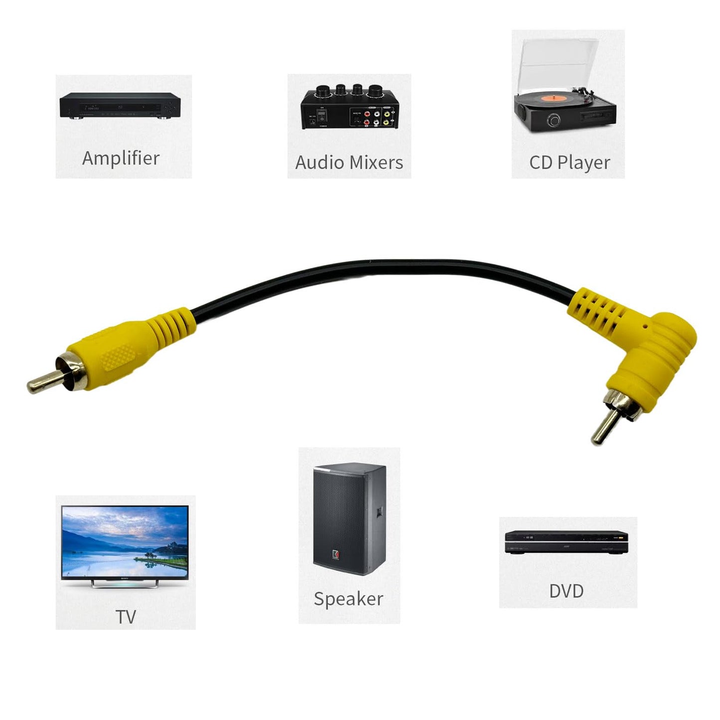 UpperFu 2Pcs RCA Phono Right Angle 90 Degree Male to Male Audio Subwoofer Cable Stereo RCA Projector Cable Gold Plated for Amplifiers Home Theater