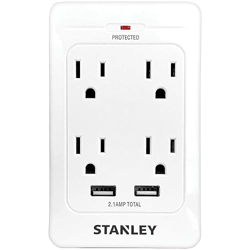 STANLEY SurgeQuad Surge Adapter 4 AC Outlets with 2 USB Ports 1080 Joules Surge Protection 2.1A USB Charging LED Indicator