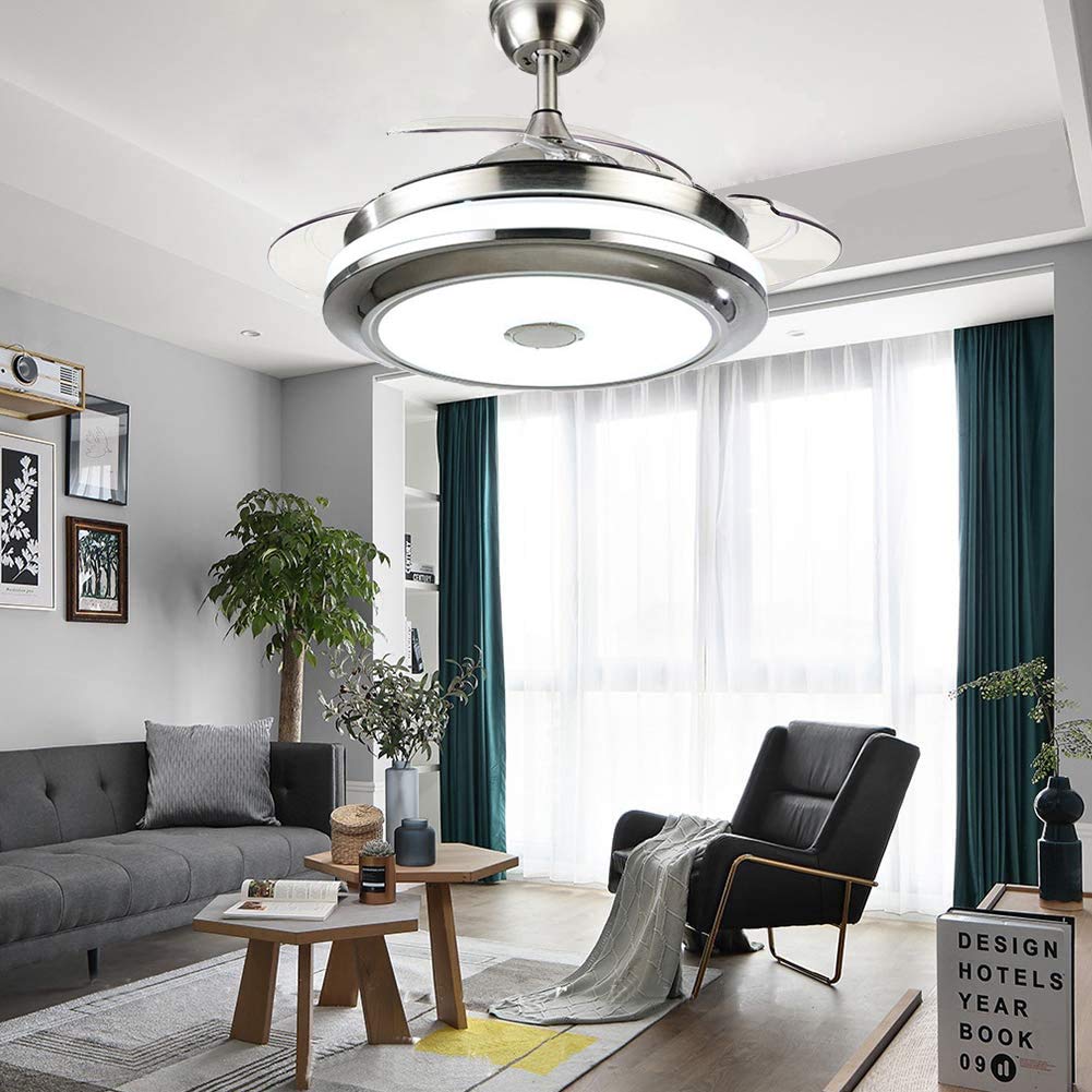 LUOLAX 36inch Modern Ceiling Fan with Lights and Bluetooth Speaker, Retractable Ceiling Chandeliers Fan with Remote Invisible Fandelier for Living