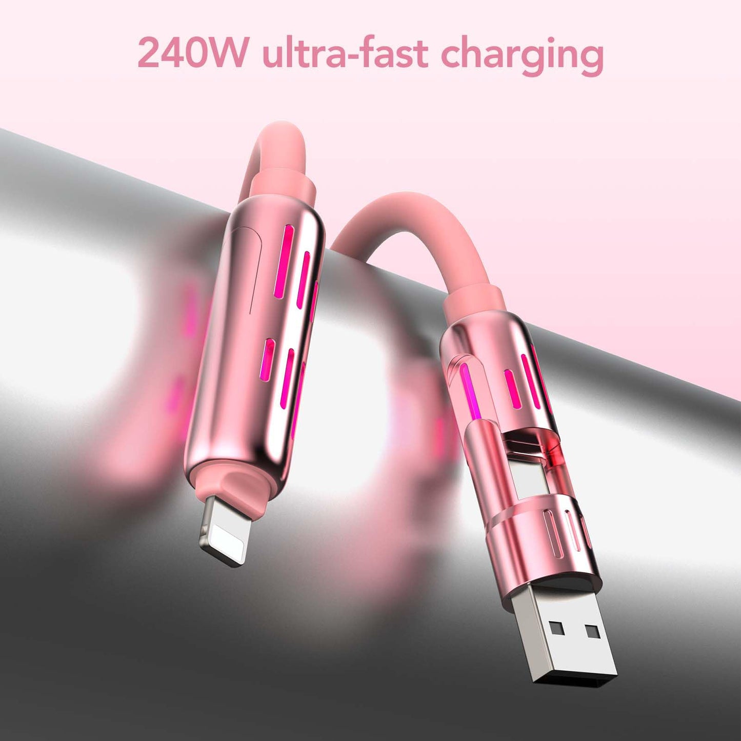 MFish 4-in-1 USB Charging Cable with Carrying Case, 240W Fast Charger Cord, USB-A & Dual USB-C to USB-C/Lightning, for iPhone 17/16/15/14, iPad