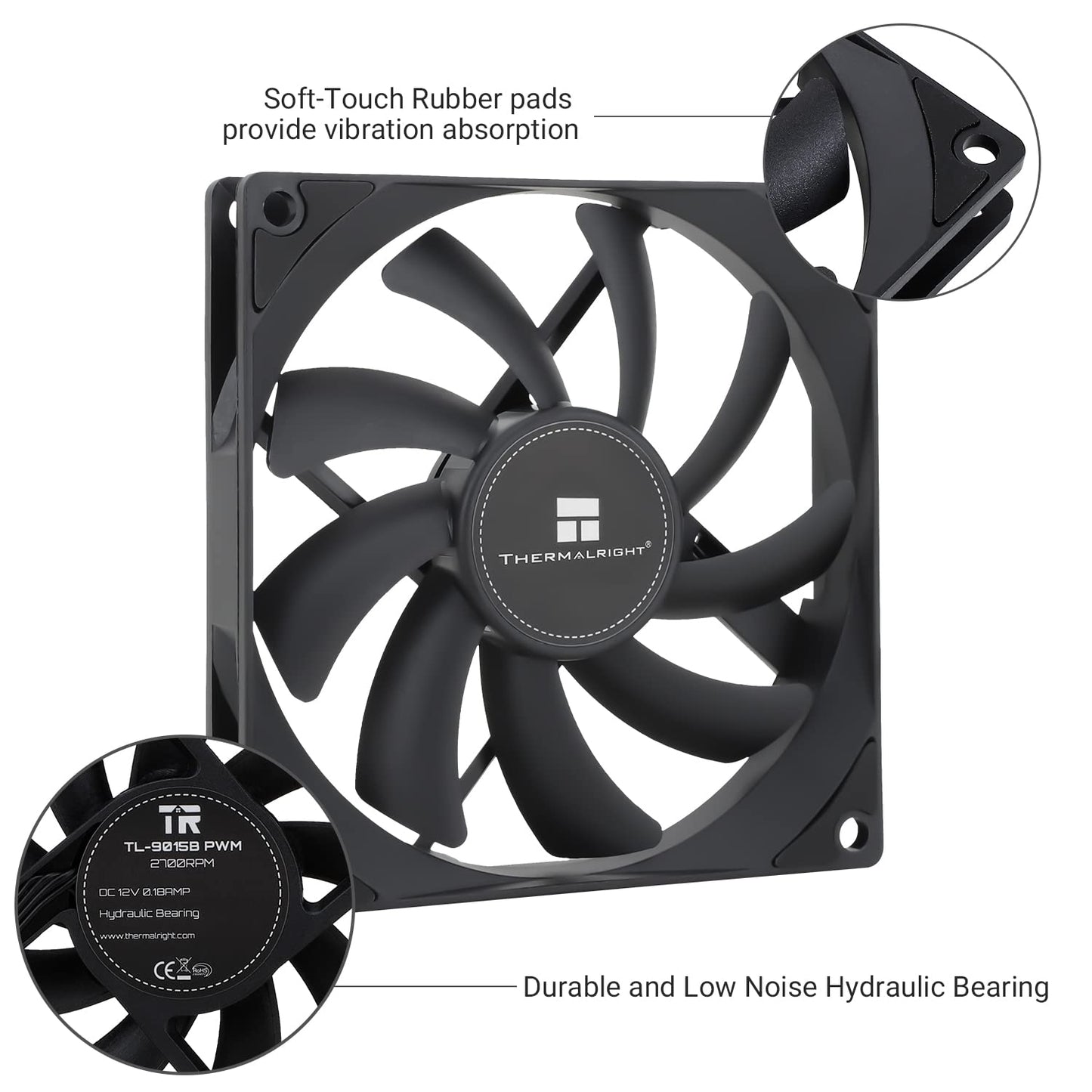 Thermalrlght TL-9015B CPU Cooler Fan 92mm PC PWM Cooling Fan, Silent PC Cooling Case Fan, 15mm Slim Desktop PC Black Fan, Up to 2700RPM Speed