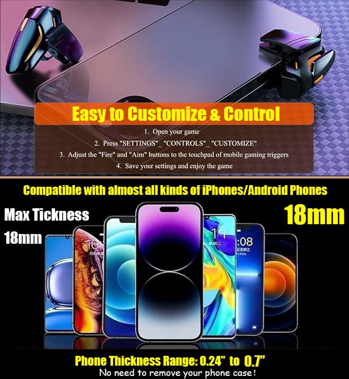 Mikirini 13 in 1 Mobile Phone Game Controller for iPhones & Android Phones, 2 Gaming Triggers Cell Phone Gaming Triggers compatible with PUBG