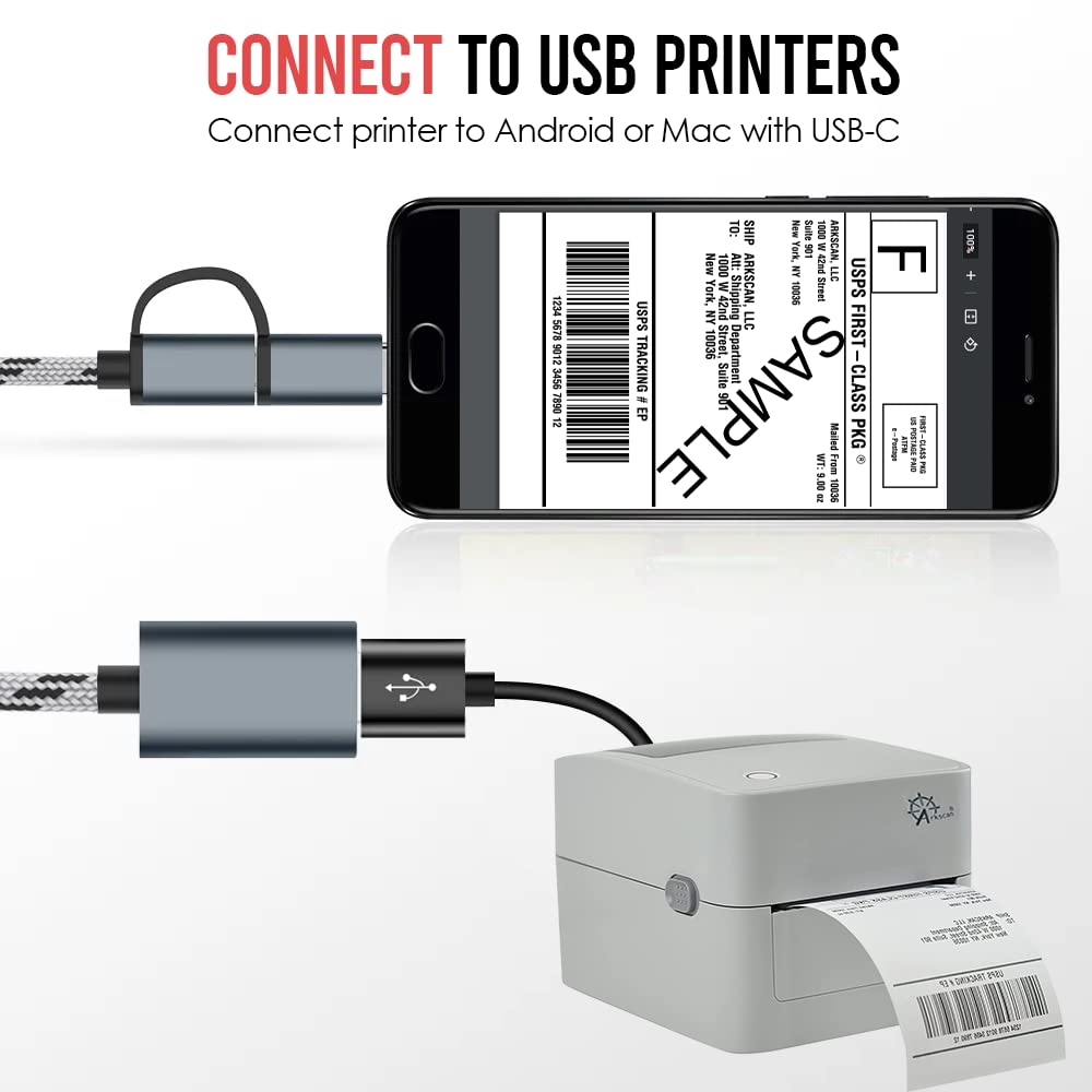 Arkscan USB-A to Micro USB & USB-C Converter Cable for USB Printer and Other Devices, Support Android, Chromebook, Windows and Mac