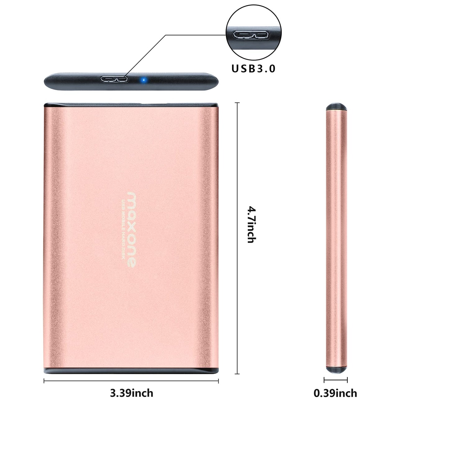 Maxone 500GB Ultra Slim Portable External Hard Drive HDD USB 3.0 Compatible with PC, Laptop - Rose Pink
