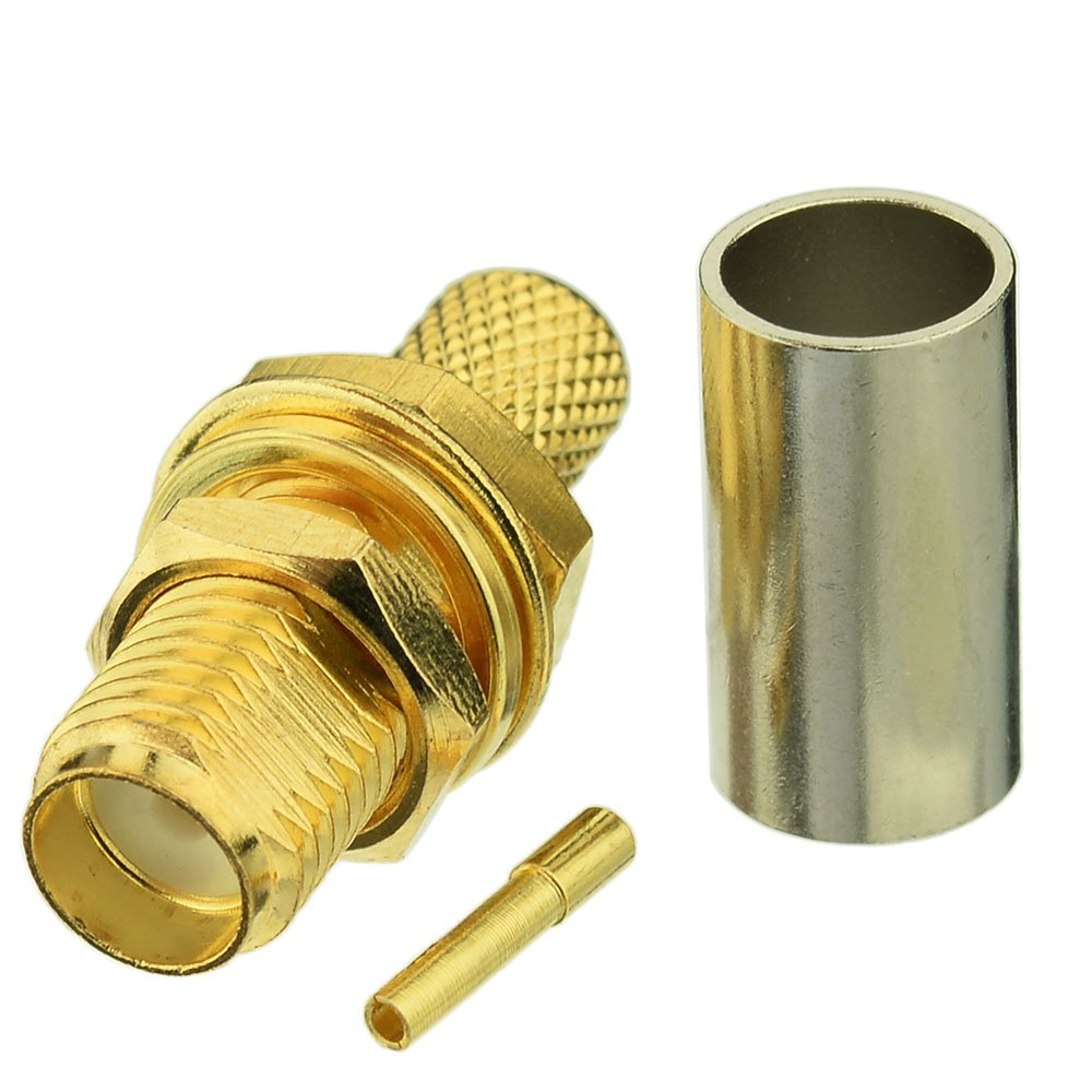 BINGFU SMA Female Bulkhead Mount Crimp Solder Attachment 50 Ohm Gold Plated Copper Connector (10-Pack) Compatible with RG58 RG303 RG141 RG142 RG400