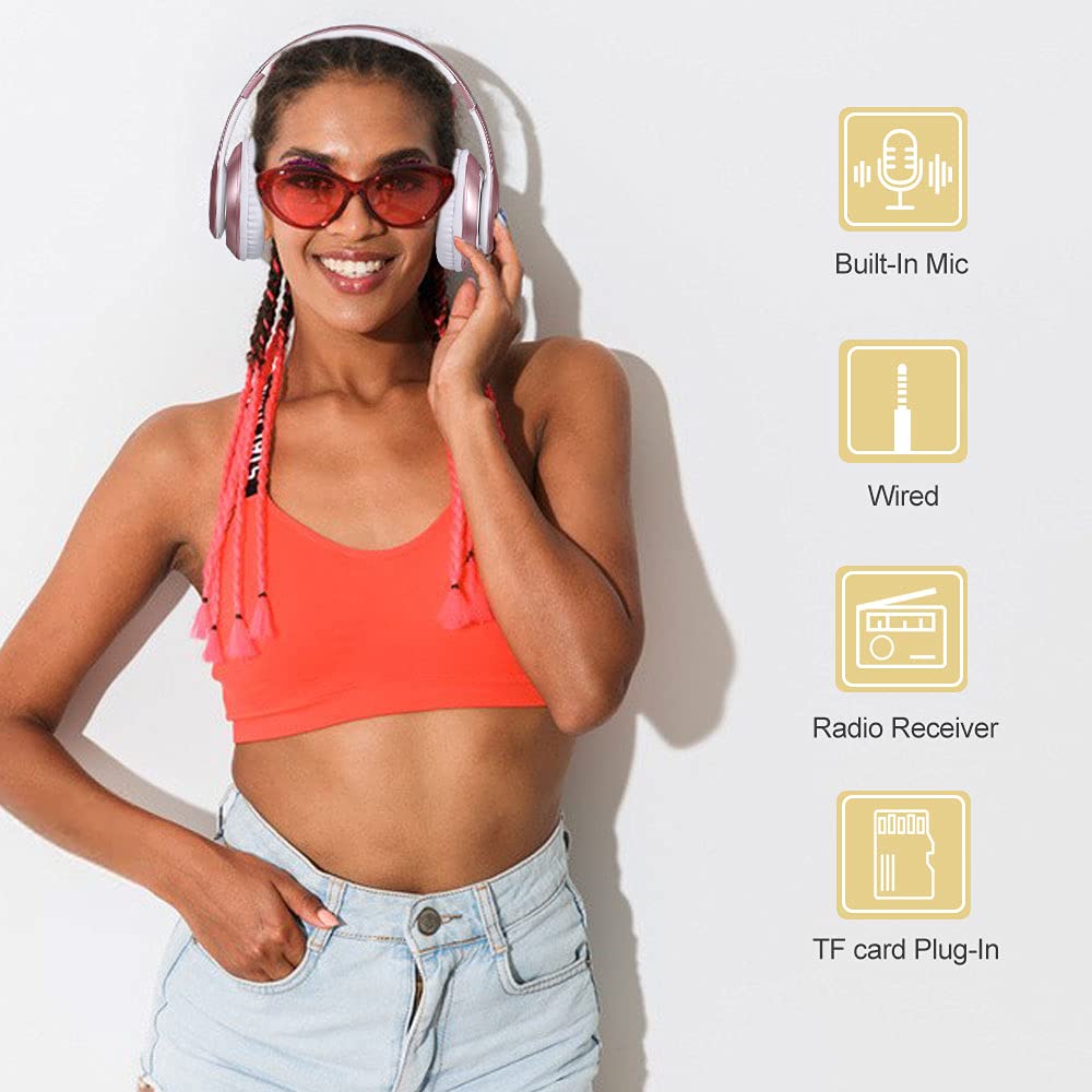 Prtukyt 9S Bluetooth Over-Ear Headphones, CVC 6.0 Noise Cancelling Mic, 60 Hrs Playtime, Hi-Fi Stereo Deep Bass, Foldable, Rose Gold