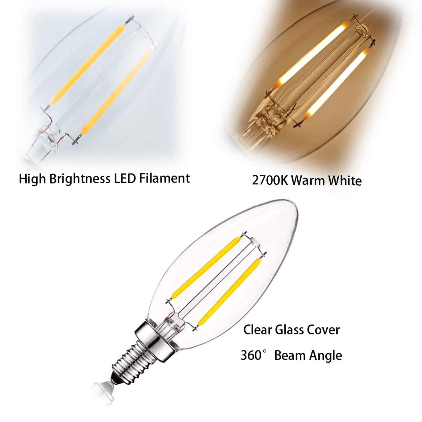 SHUWDKAR E12 Candelabra Bulb 25 Watt Equivalent E12 LED Bulb 2W 2700K