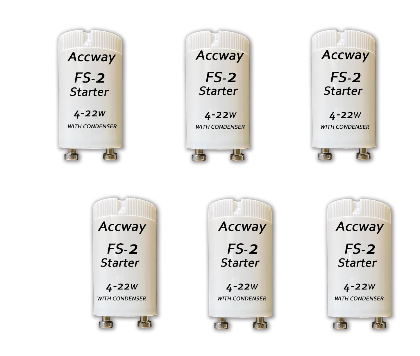 Accway (6pack) FS-2 Fluorescent Starter with Condenser for 4Watts - 22Watt Preheat Linear Fluorescent Tube, Circular Light Bulb, 110V-130V